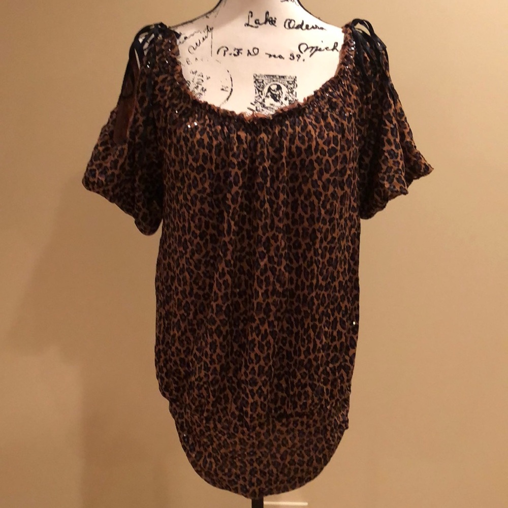 Express Sparkly Leopard Print Cold-Shoulder Blouse